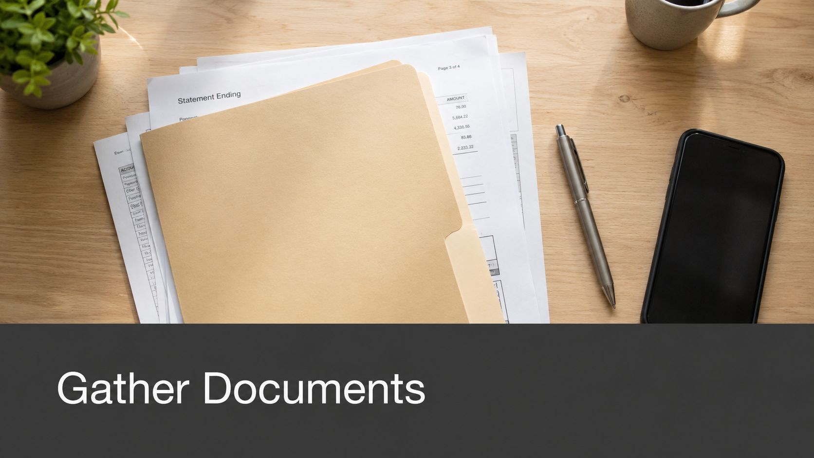 A manila folder sits on top of financial documents next to a pen and a smartphone on a desk.