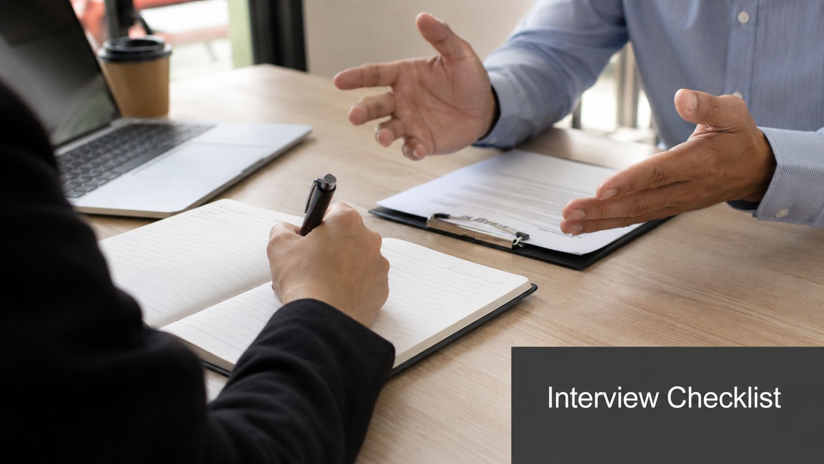 An interviewer takes notes in a notebook while a candidate discusses their professional background during a meeting.