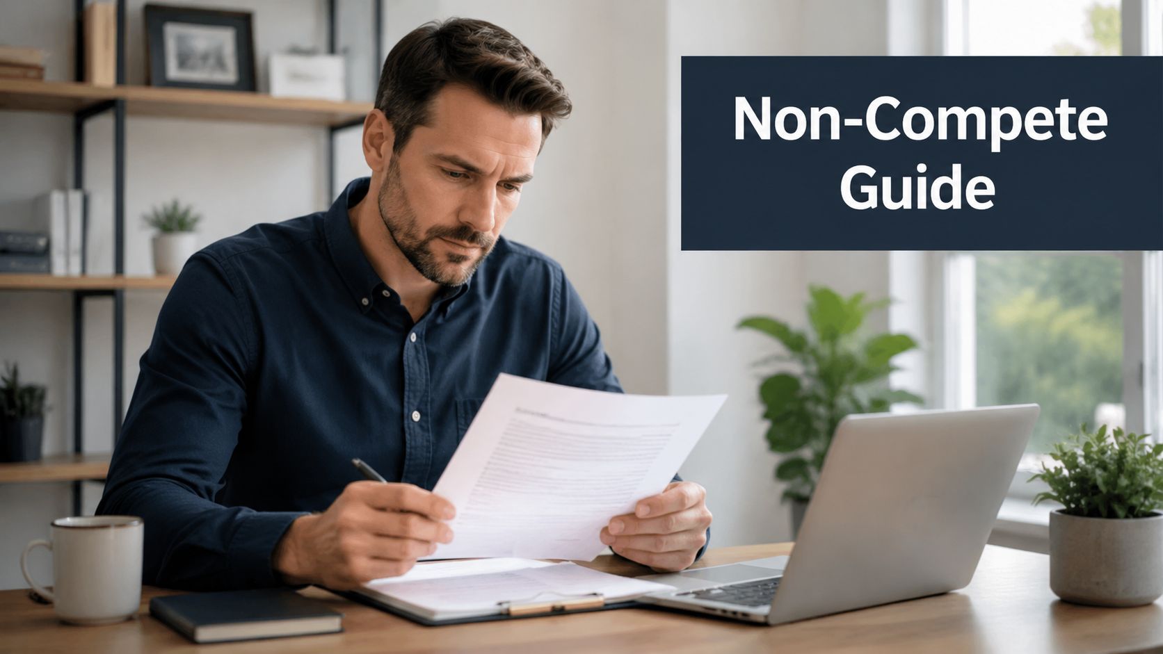 A professional man sitting at a desk reviewing a legal document titled with a non-compete guide.