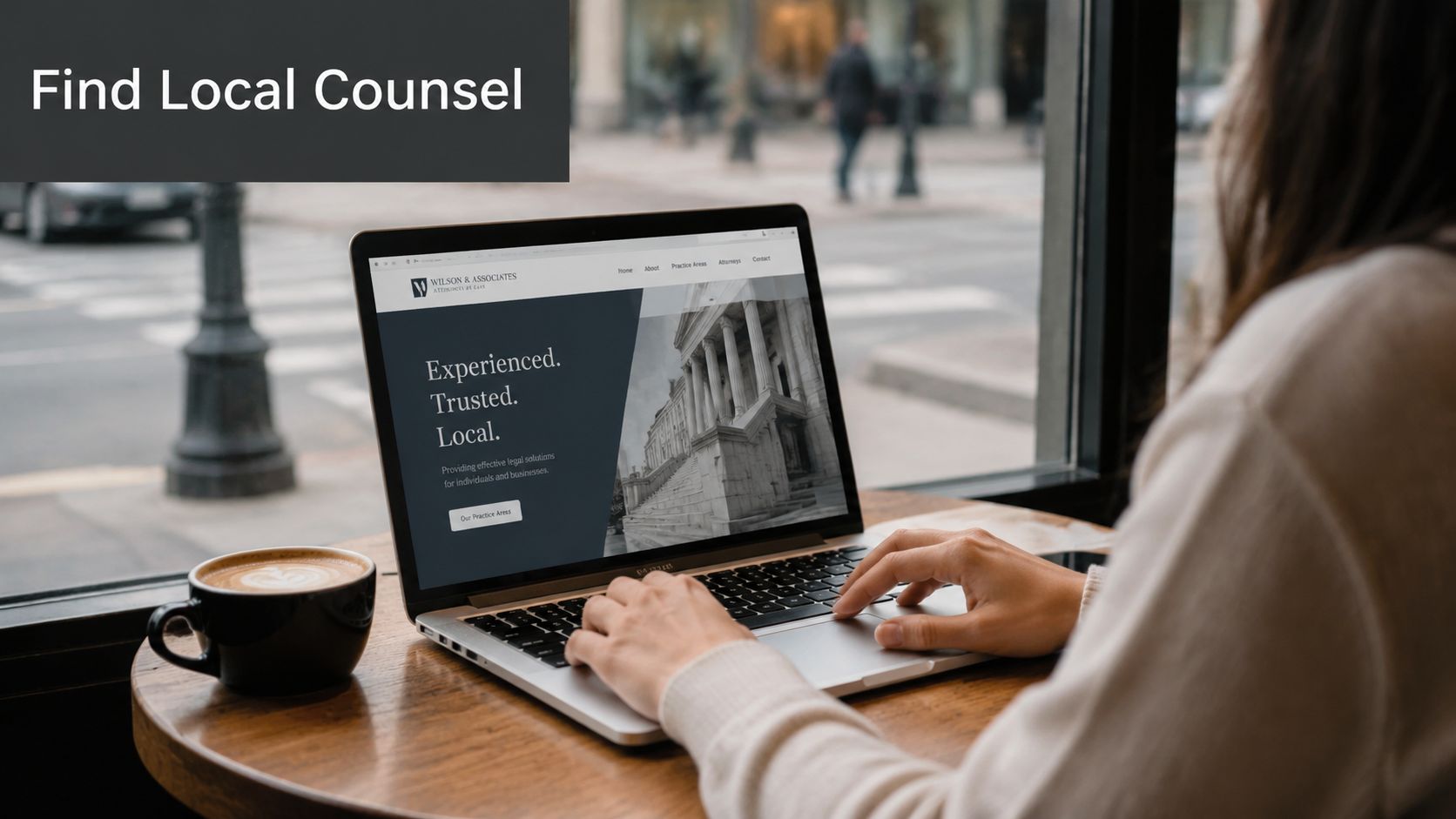 A person using a laptop to search for legal services at a law firm website online.