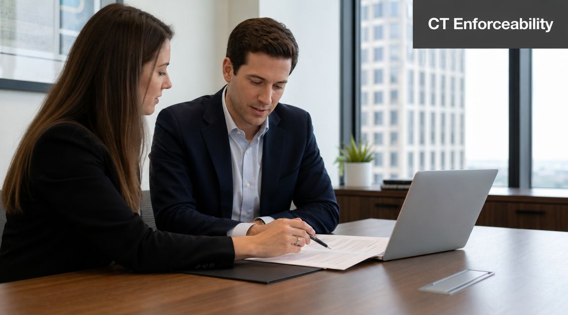 A professional man and woman reviewing a legal contract together in a modern, bright office setting.