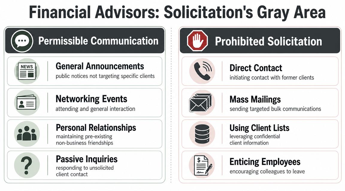 A chart comparing permissible communications and prohibited solicitation activities for financial advisors in a professional setting.