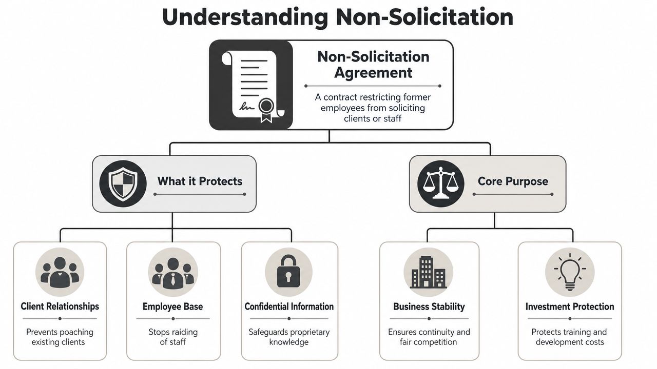 A flowchart explaining the purpose and protections provided by a non-solicitation agreement for businesses.