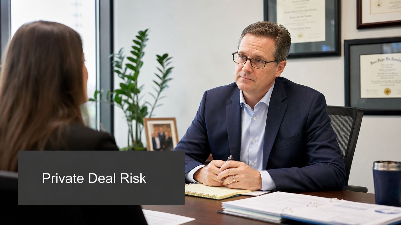 A professional man in a business suit sitting at a desk during a consultation or meeting.