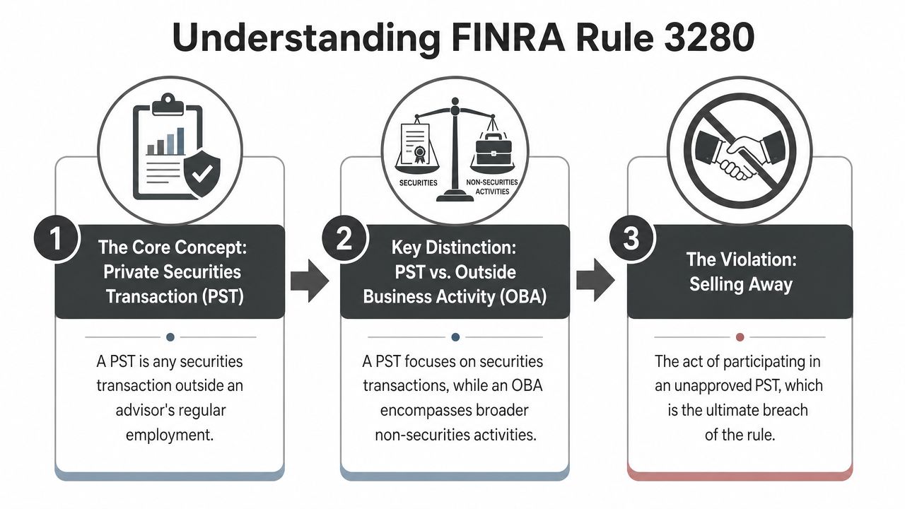 An infographic titled Understanding FINRA Rule 3280 explaining private securities transactions, outside business activities, and selling away violations.
