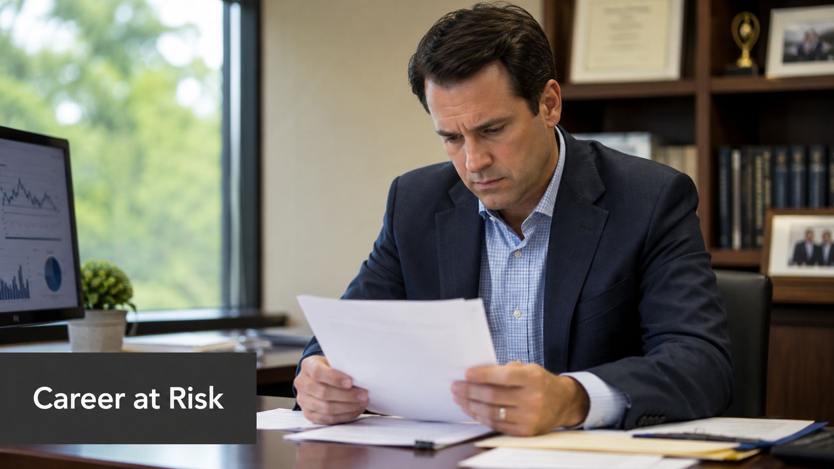 A professional man in a business suit reviewing financial documents at his office desk.