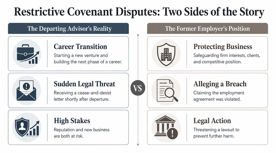 A comparison chart showing perspectives of departing advisors versus former employers in restrictive covenant legal disputes.