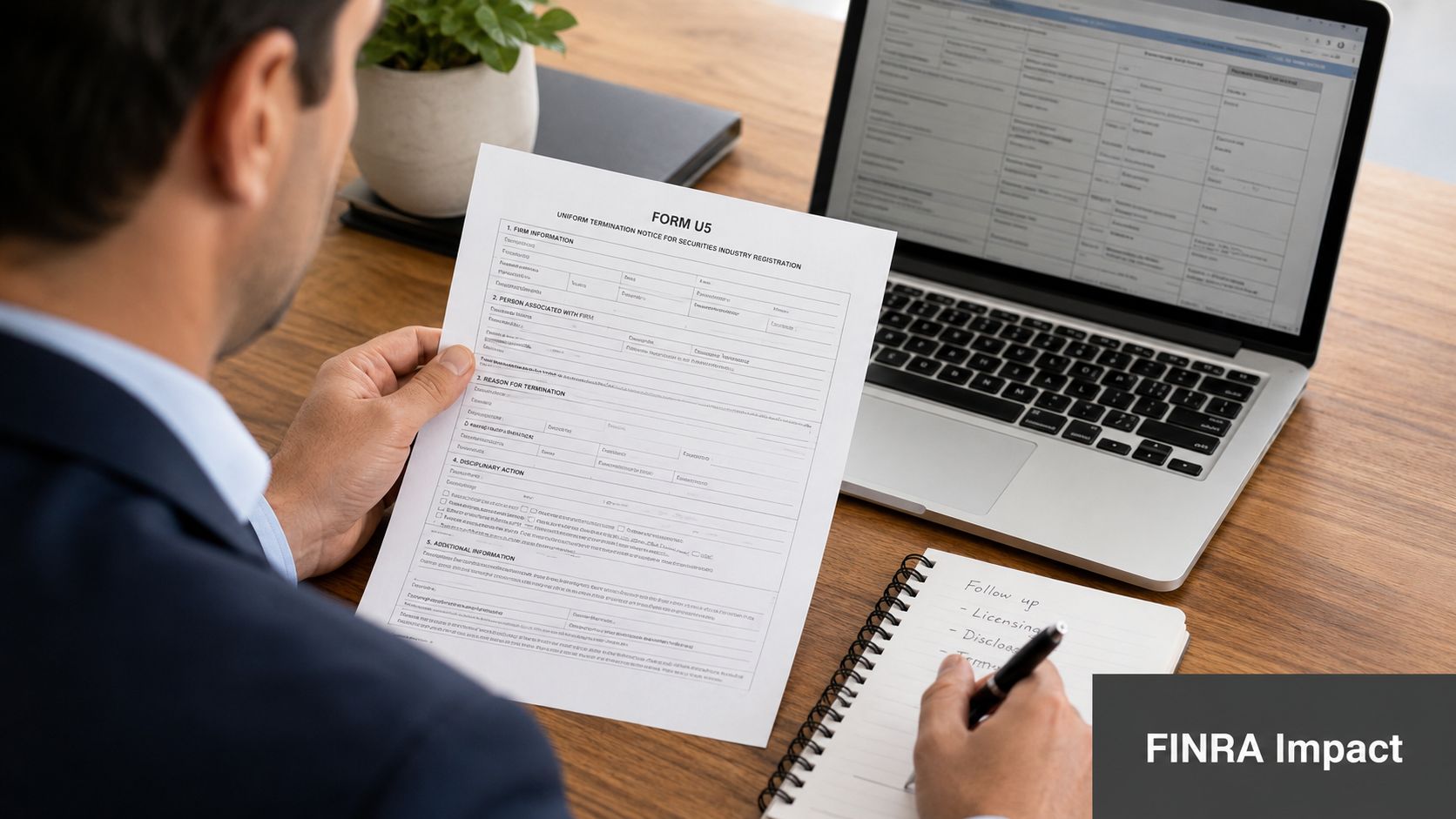 A professional analyzing a Form U5 document while working on a laptop at a desk.