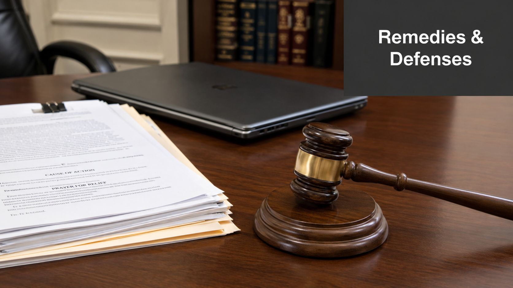A wooden gavel resting on a desk next to legal documents and a laptop in an office.