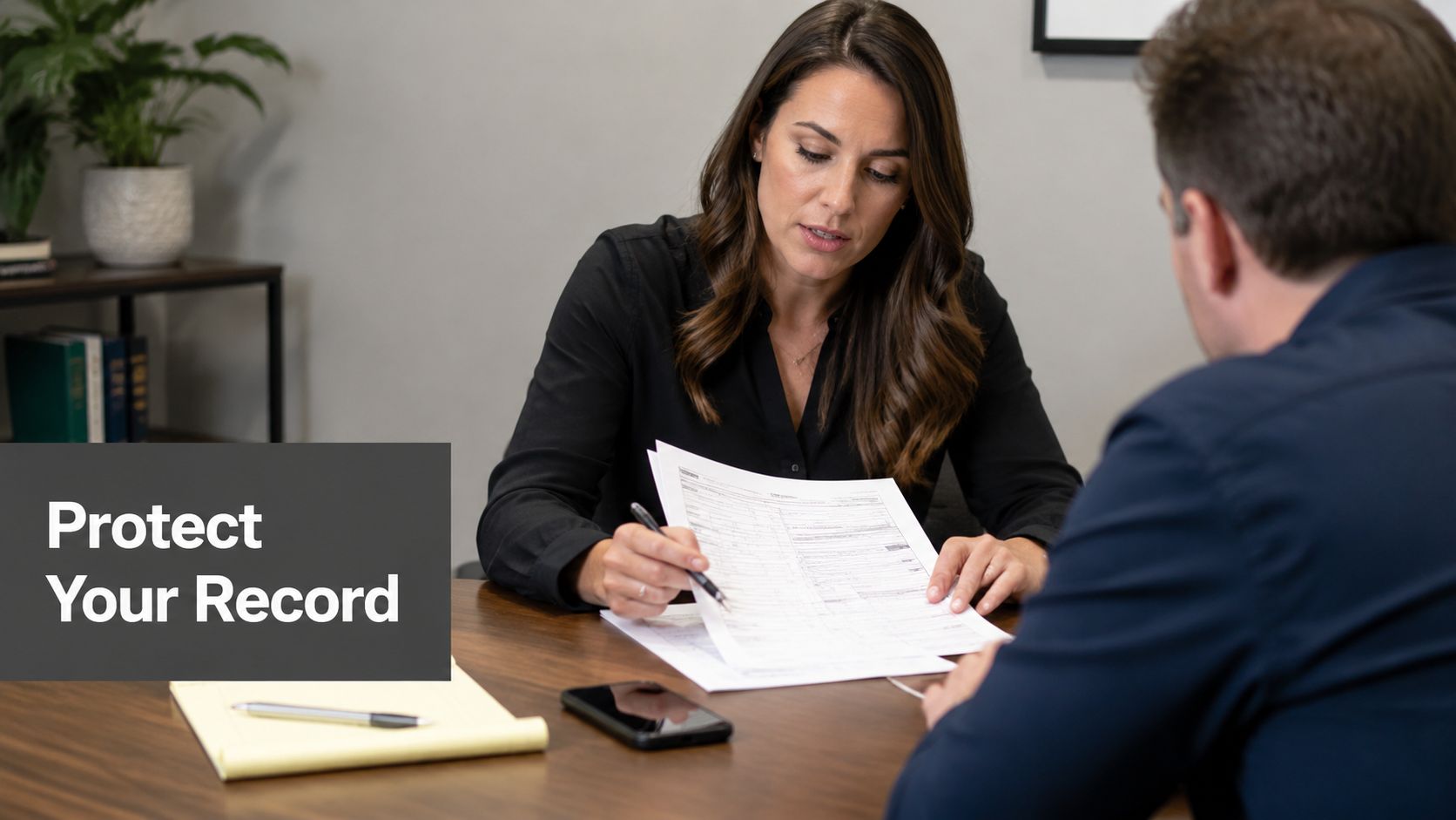 A professional woman explaining document details to a man during a business meeting in an office.