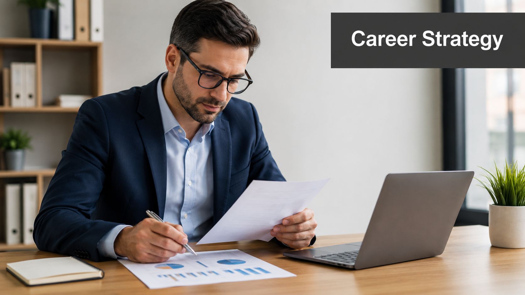 A professional man in a business suit reviewing documents and charts while working on his laptop.