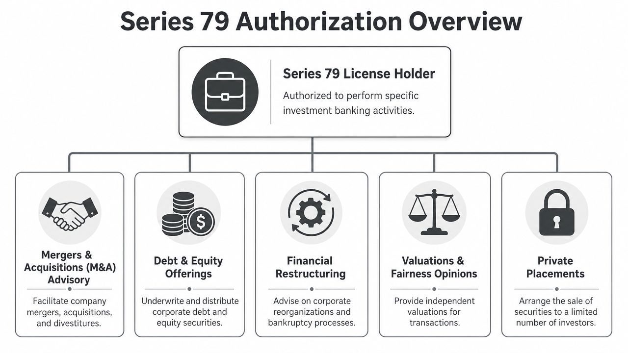 A flowchart outlining the five key areas of investment banking authorization for a Series 79 license holder.