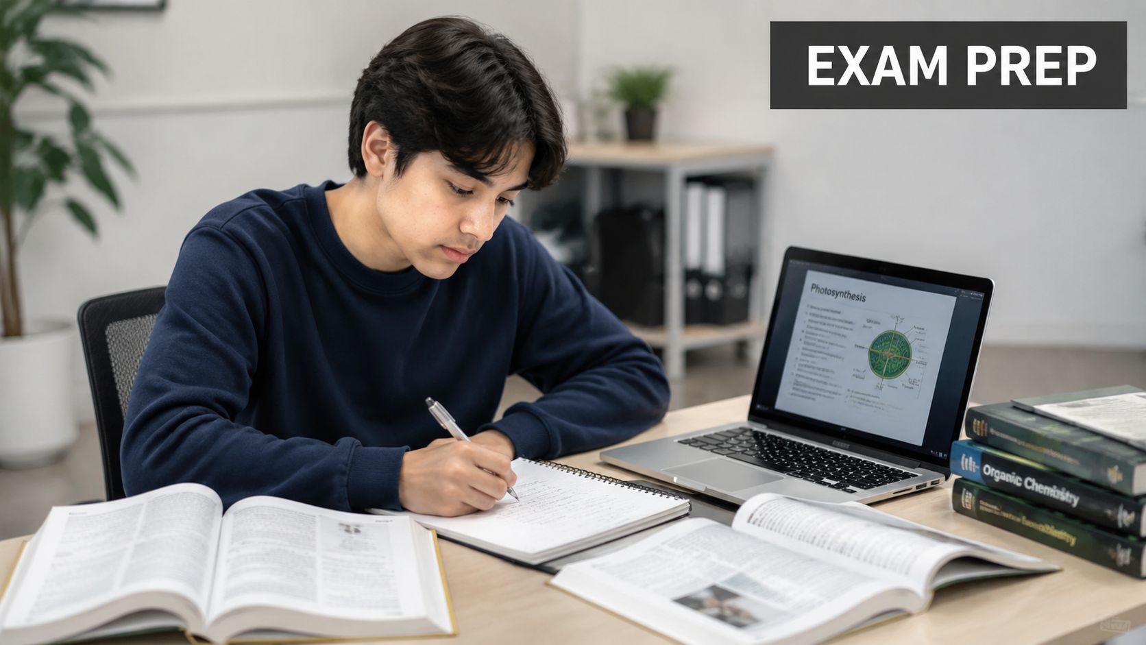 A focused young male student studying biology and chemistry at a desk with books and a laptop.