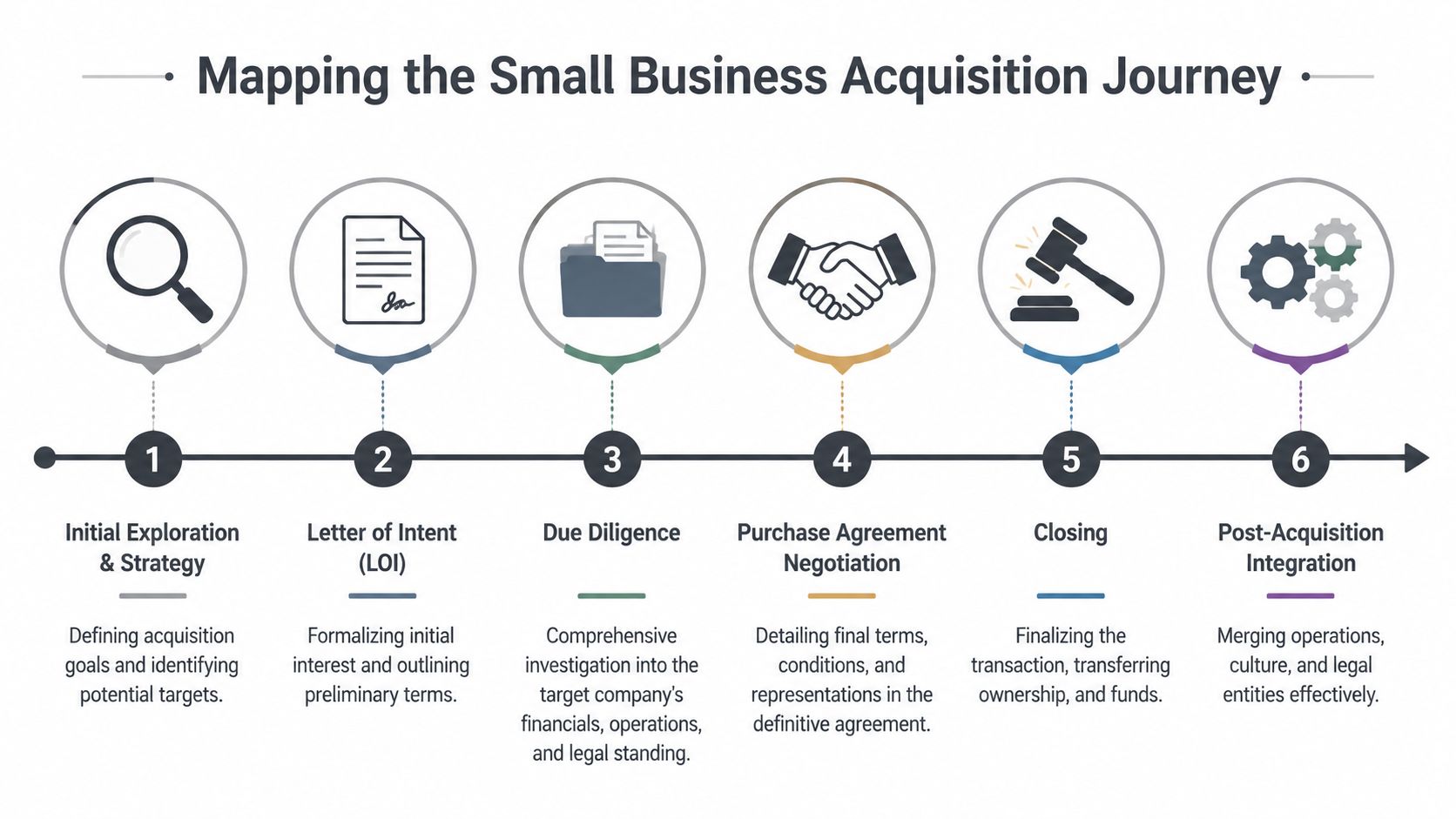 A six-step infographic detailing the chronological journey of mapping a small business acquisition process.