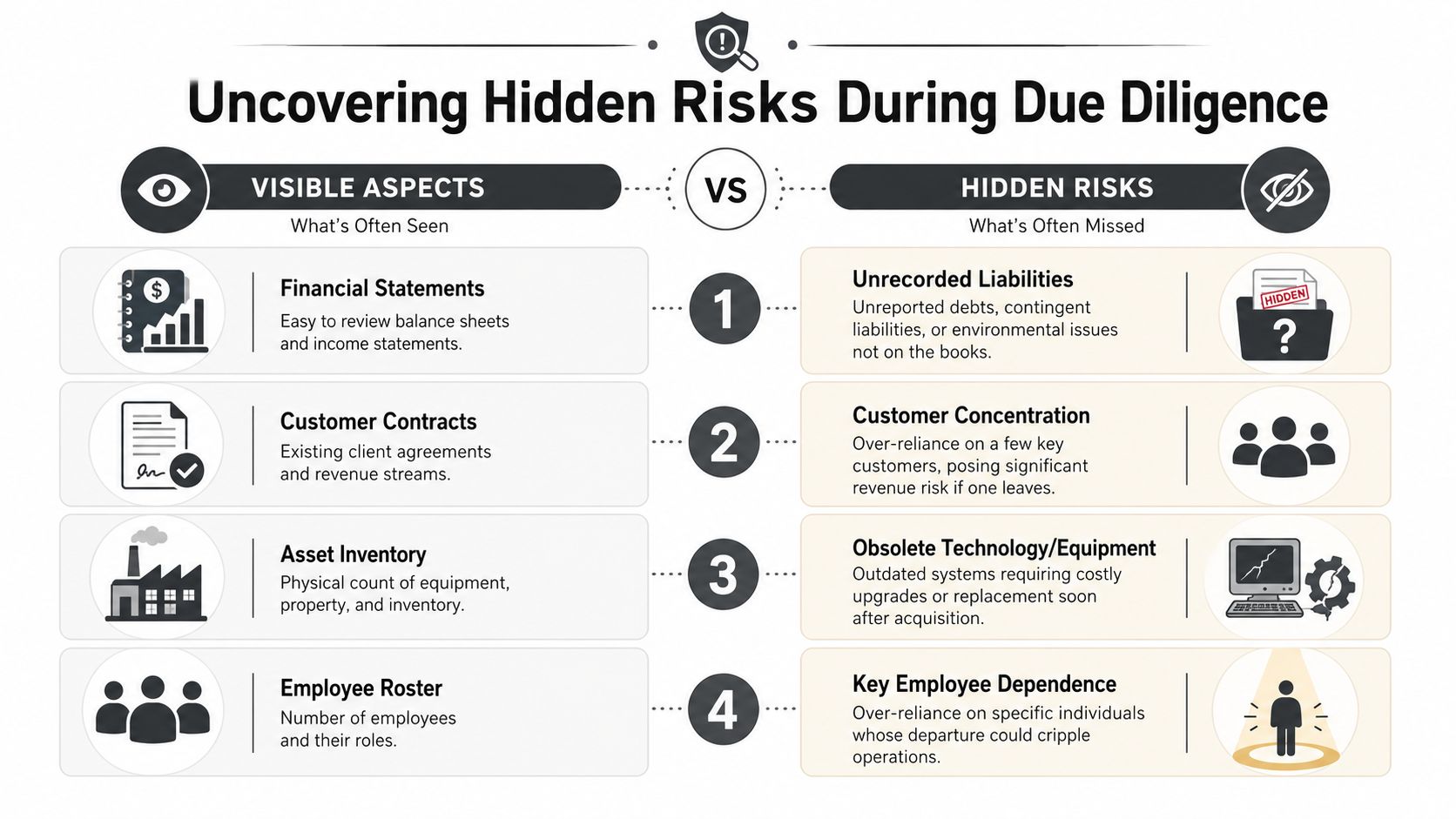 An infographic comparing visible business aspects with potential hidden risks discovered during the due diligence process.