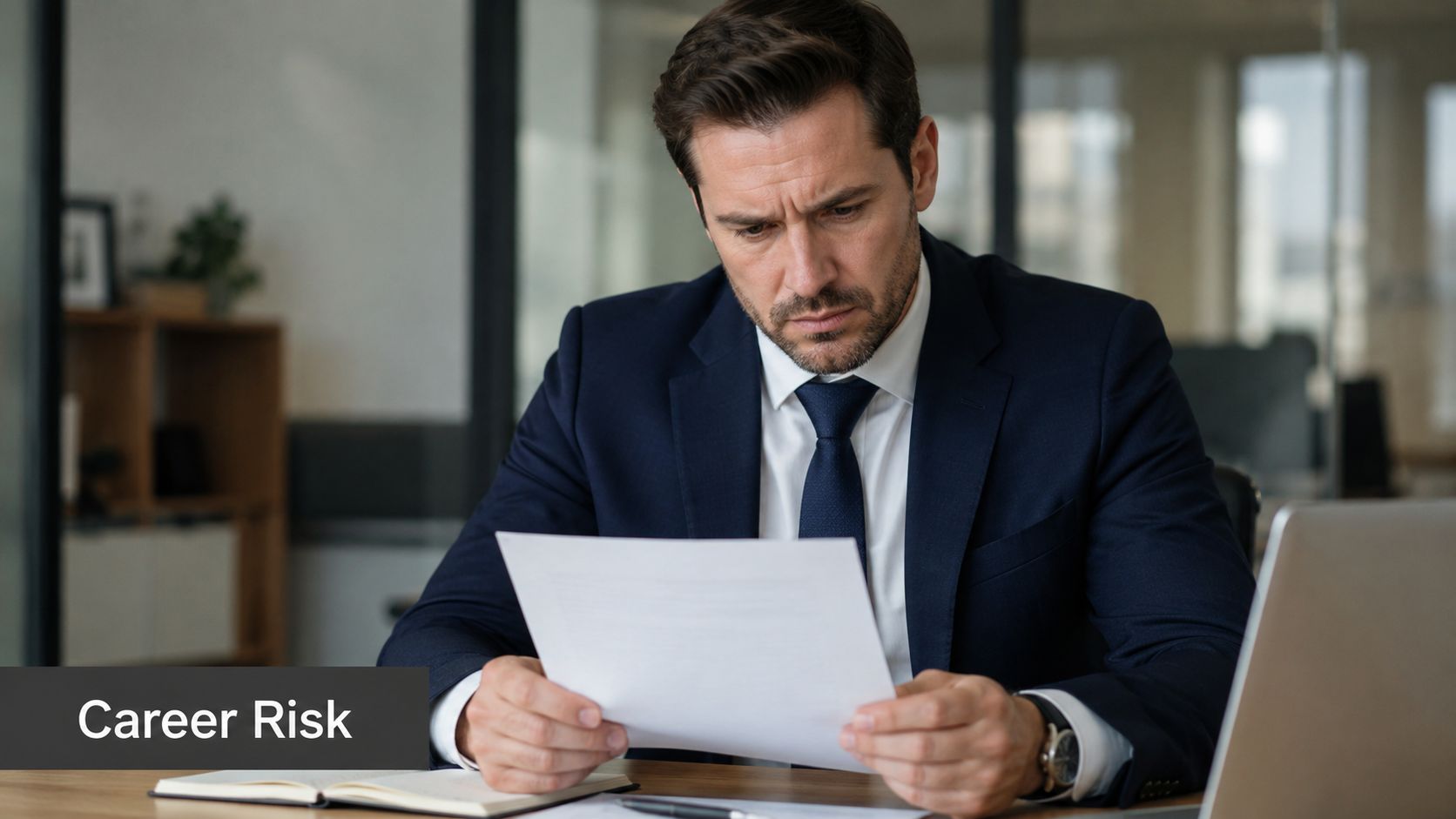 A concerned businessman in a suit sitting at a desk and reviewing important documents at an office.