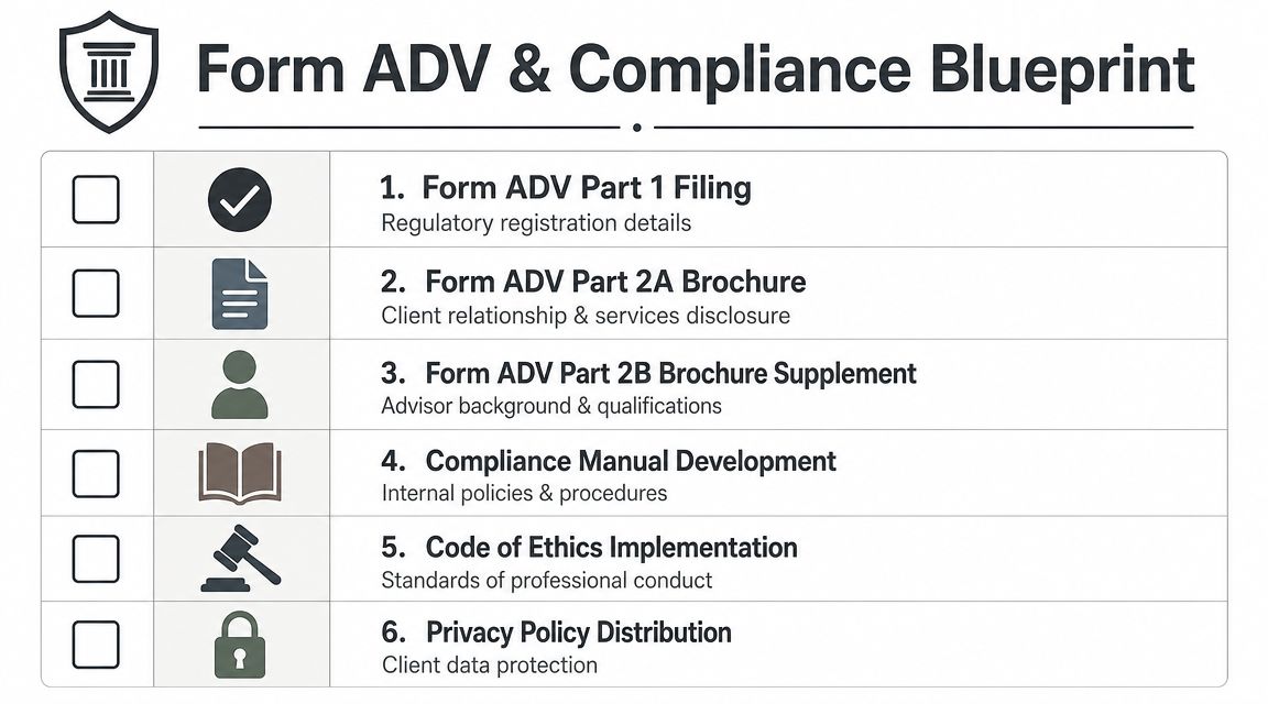 A checklist titled Form ADV and Compliance Blueprint outlining six essential steps for investment advisor registration.