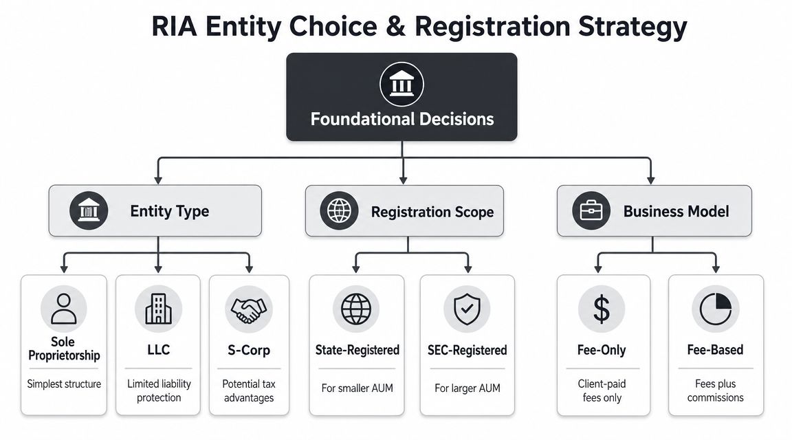 A diagram outlining the foundational decisions for RIA entity choice, registration scope, and business model strategies.