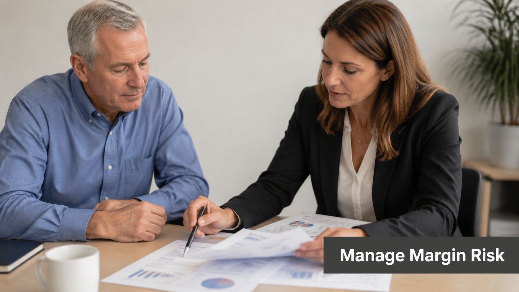 A professional financial advisor explains investment documents and margin risk to an older client during a meeting.