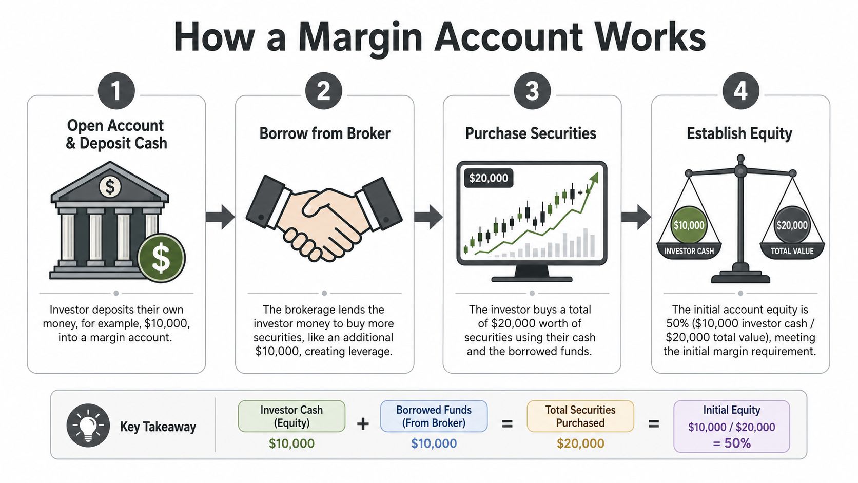 A four-step infographic explaining how a margin account works using an example of borrowing funds.