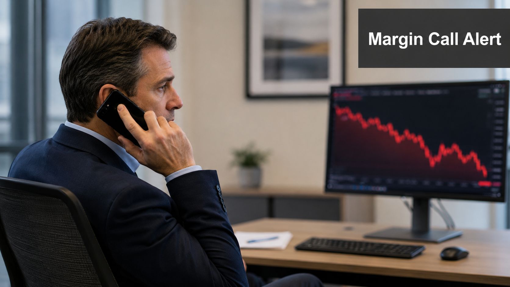 A concerned businessman talking on his phone while looking at a plummeting stock market chart on monitor.