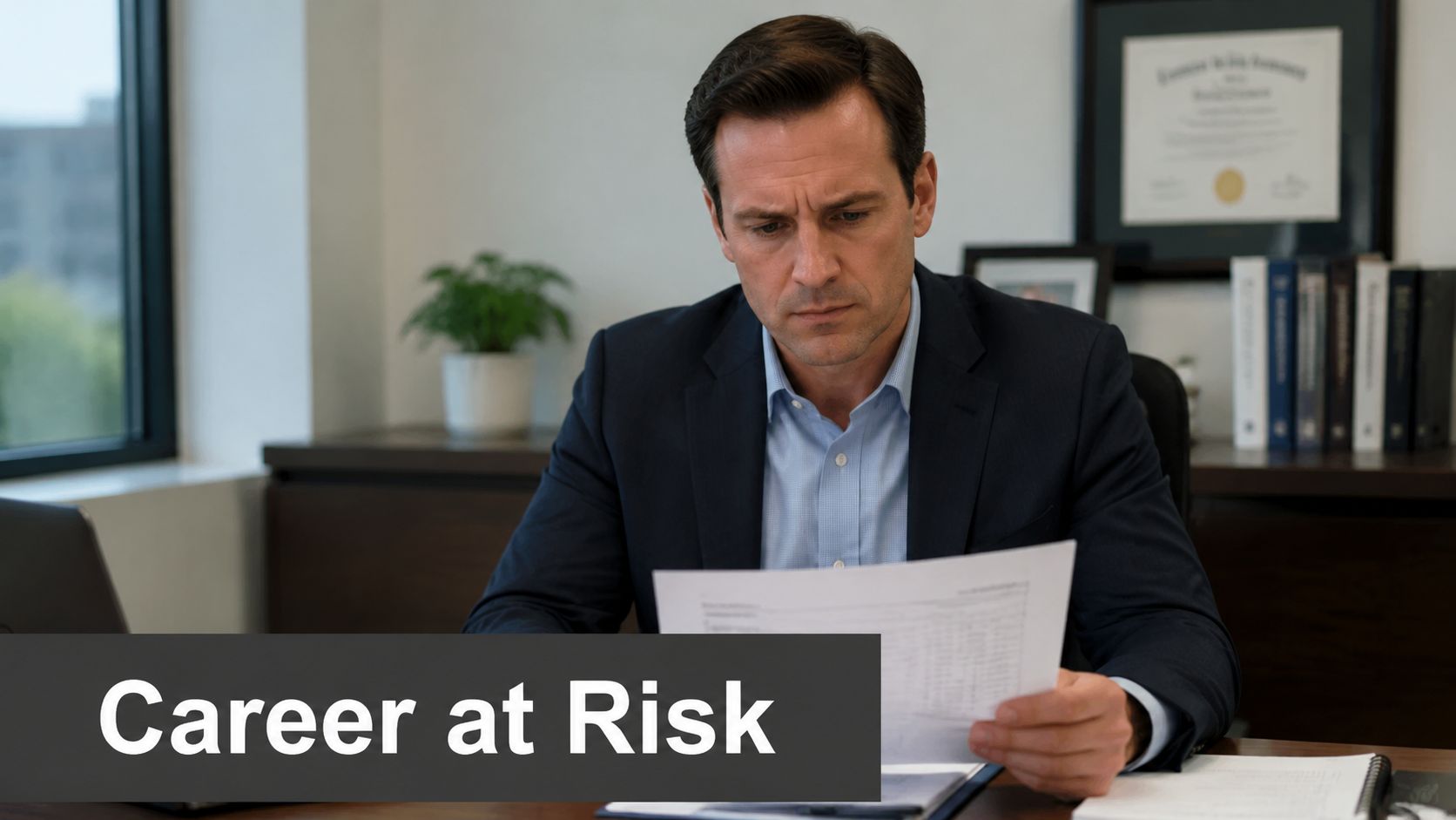 A concerned professional man in a business suit reviewing financial documents at his desk in an office.