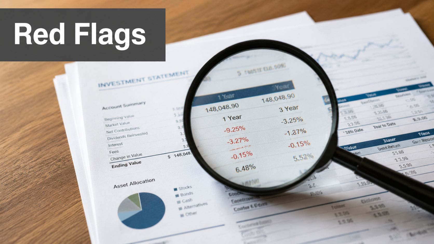 A magnifying glass focusing on negative financial return percentages on an investment statement document.