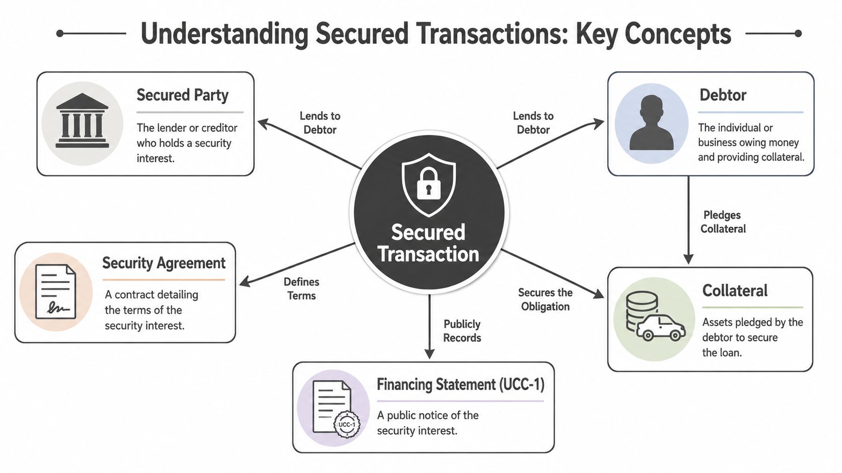 A diagram illustrating the key concepts of secured transactions, including the lender, debtor, collateral, and UCC-1 filings.