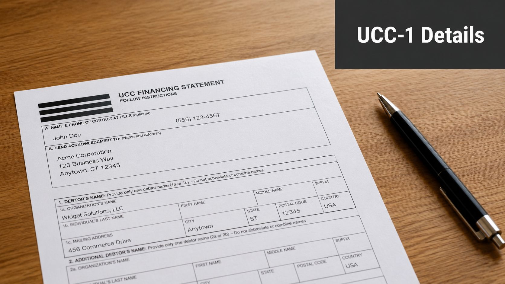 A UCC-1 financing statement form lying on a wooden desk next to a black pen.