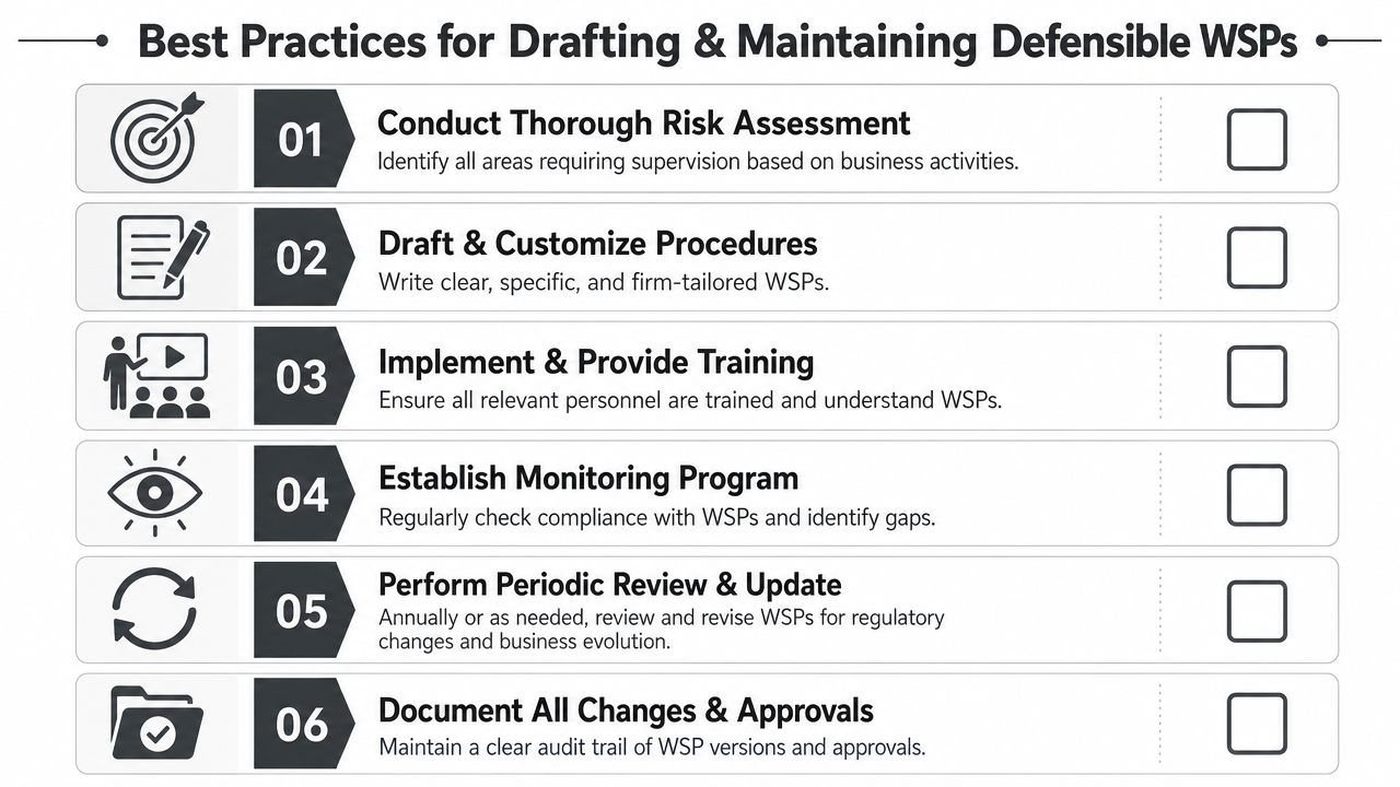 A checklist infographic titled Best Practices for Drafting and Maintaining Defensible WSPs with six numbered steps.