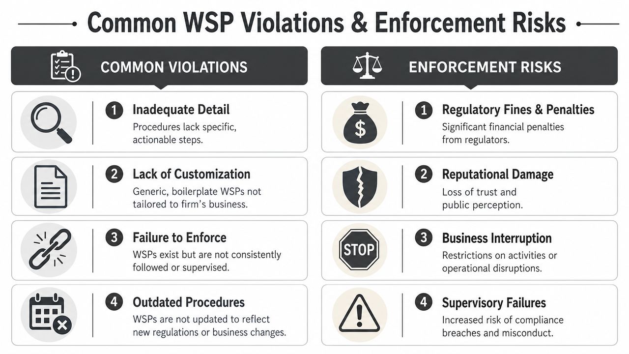An infographic detailing common violations of written supervisory procedures and the resulting enforcement risks for businesses.