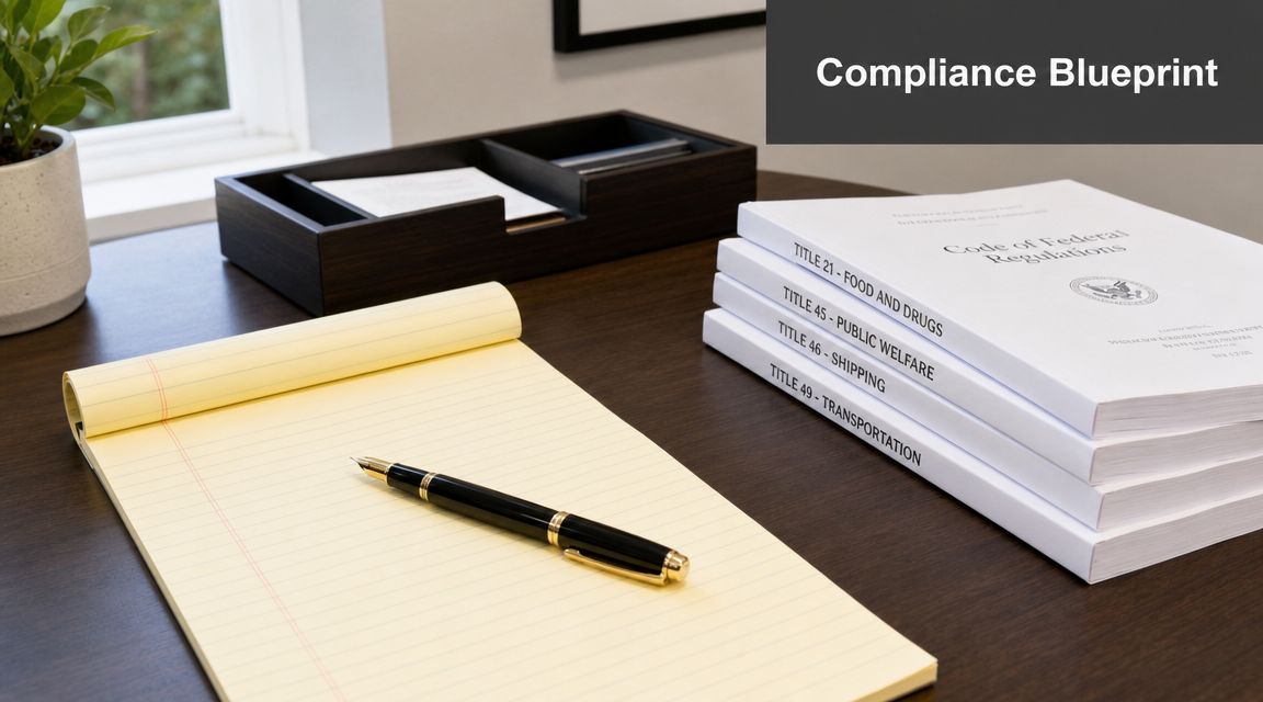 A stack of Code of Federal Regulations books, a yellow notepad, and a pen on a desk.