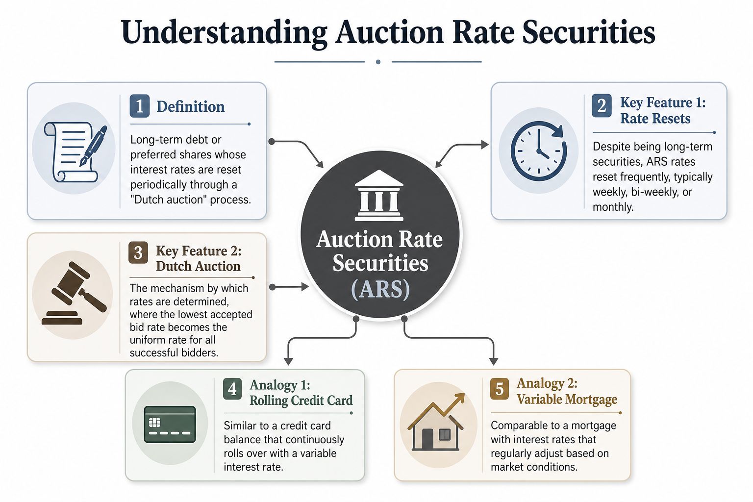 An infographic explaining Auction Rate Securities with definitions, features, and helpful analogies for understanding.