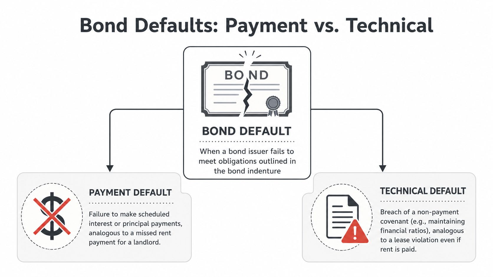 A diagram explaining the difference between payment default and technical default in bond market investing.