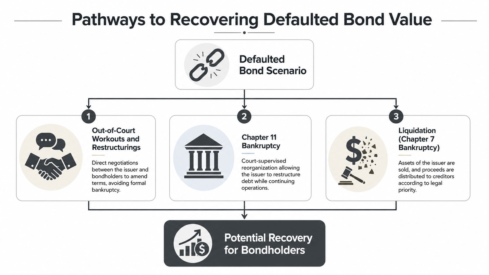 A flowchart showing the three primary pathways for recovering value from defaulted bonds in the financial market.