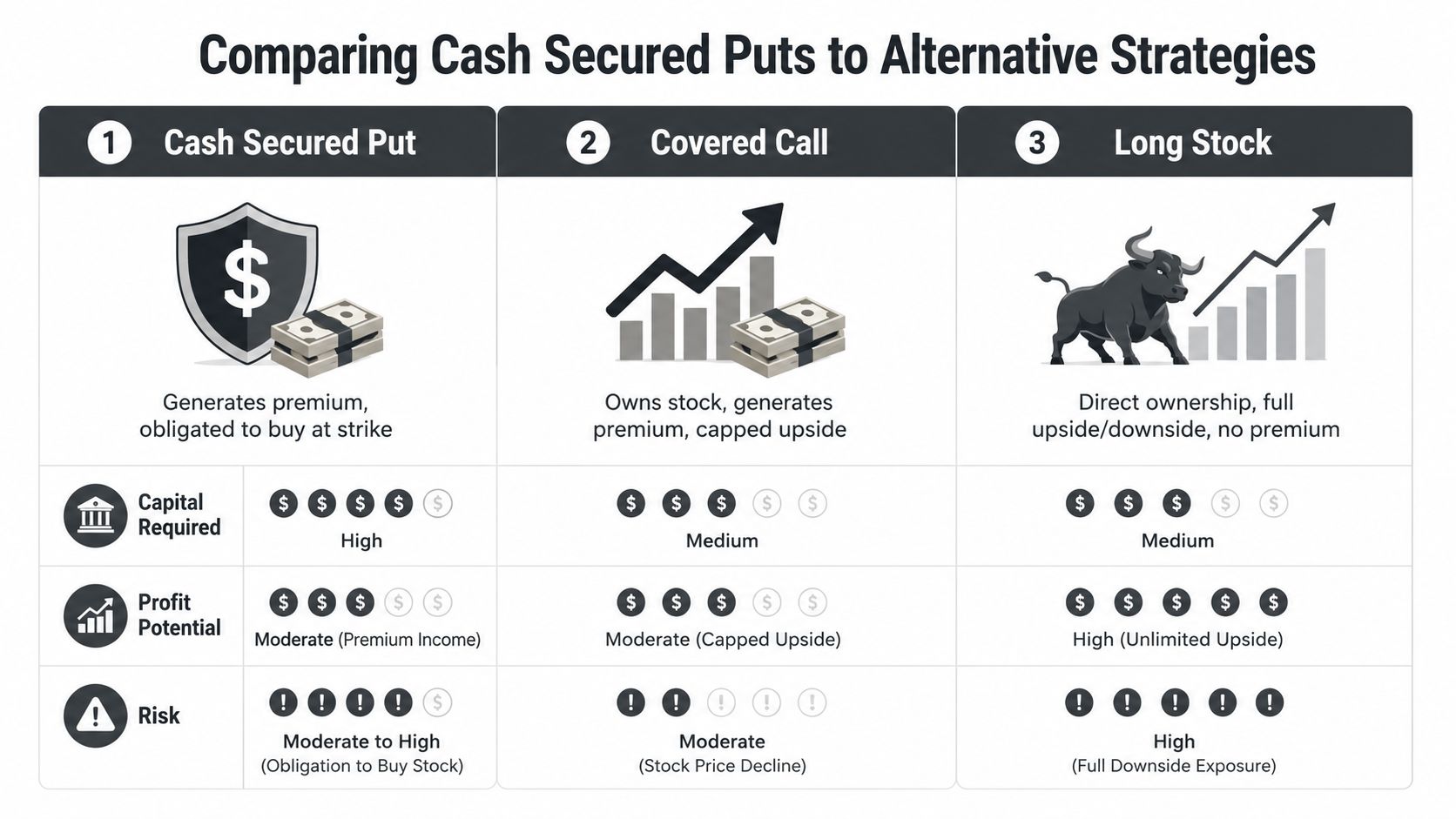 A comparison chart outlining the capital requirements, profit potential, and risk levels of cash secured puts, covered calls, and long stock strategies.