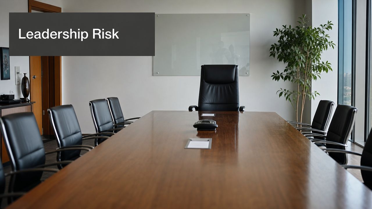 A modern boardroom with an empty leather chair at a long wooden conference table.
