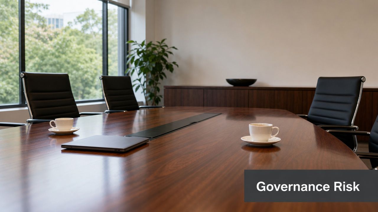 A professional boardroom with a polished wooden table, chairs, laptop, and coffee cups in an office.