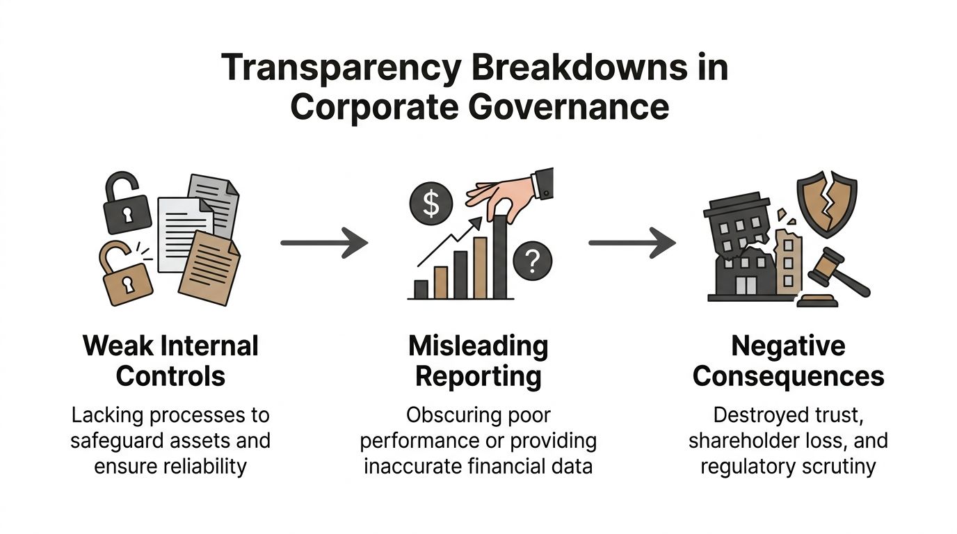A diagram illustrating how weak internal controls lead to misleading reporting and resulting negative corporate governance consequences.
