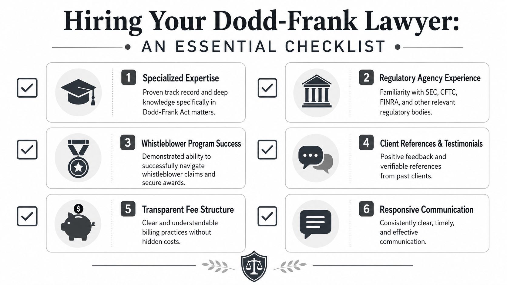 A checklist infographic titled Hiring Your Dodd-Frank Lawyer featuring six essential criteria for legal representation.