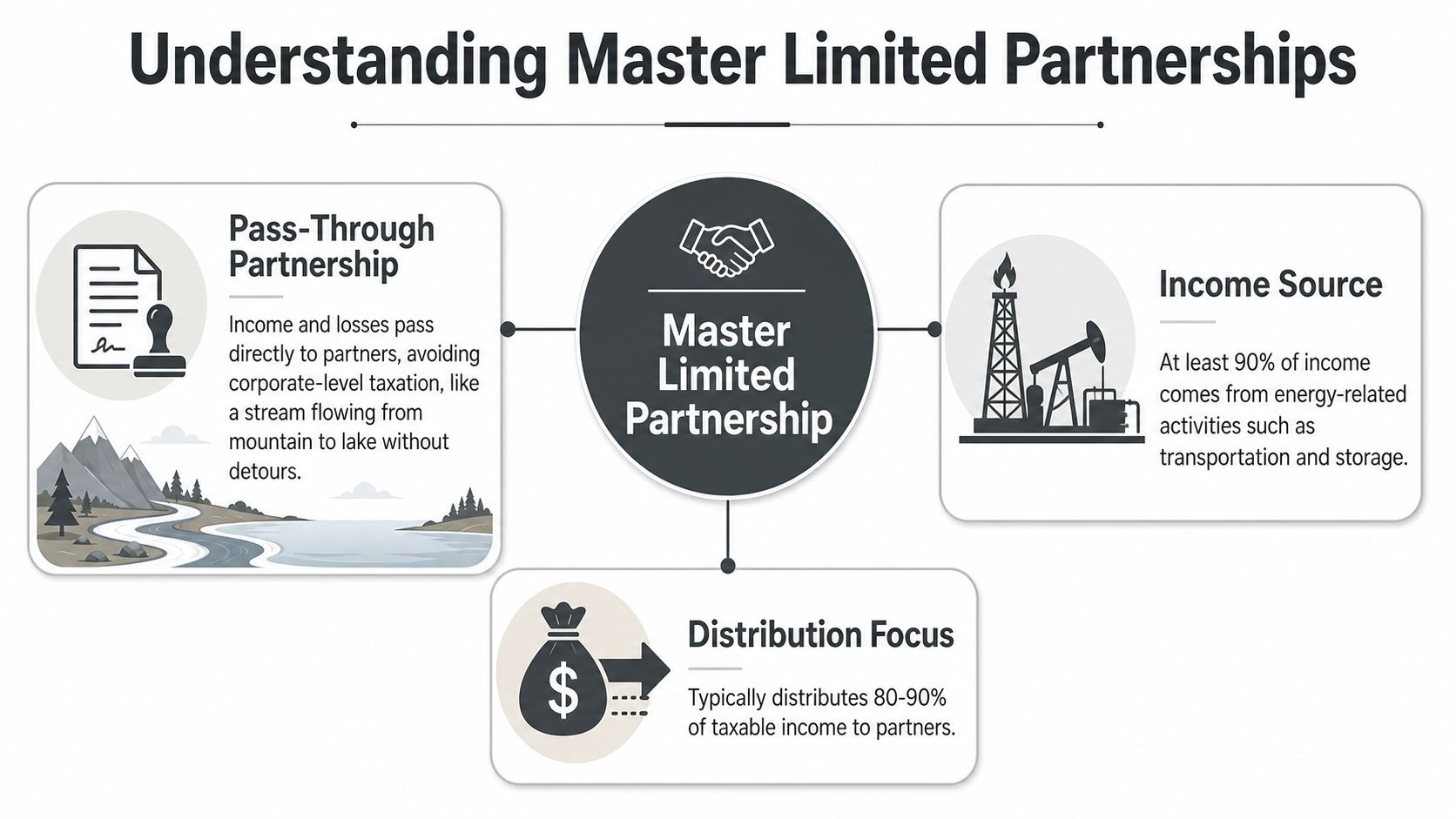 An infographic titled Understanding Master Limited Partnerships, explaining pass-through tax structure, energy income sources, and distribution focuses.