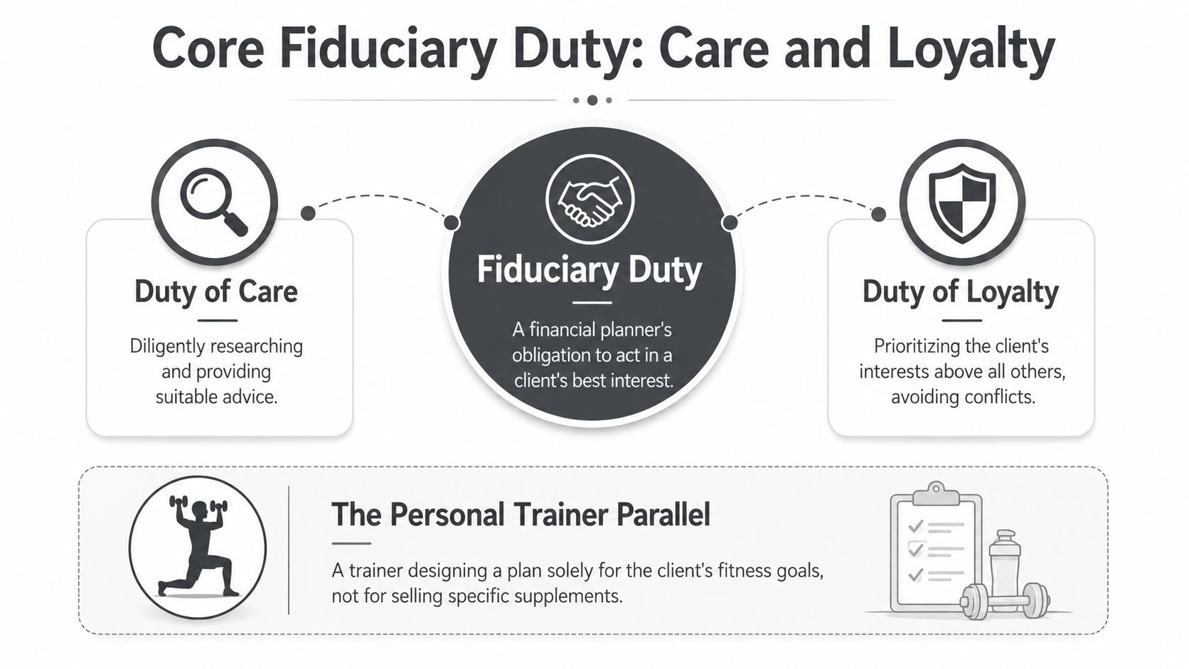 An infographic explaining the core fiduciary duty of financial planners, focusing on care, loyalty, and personal interests.
