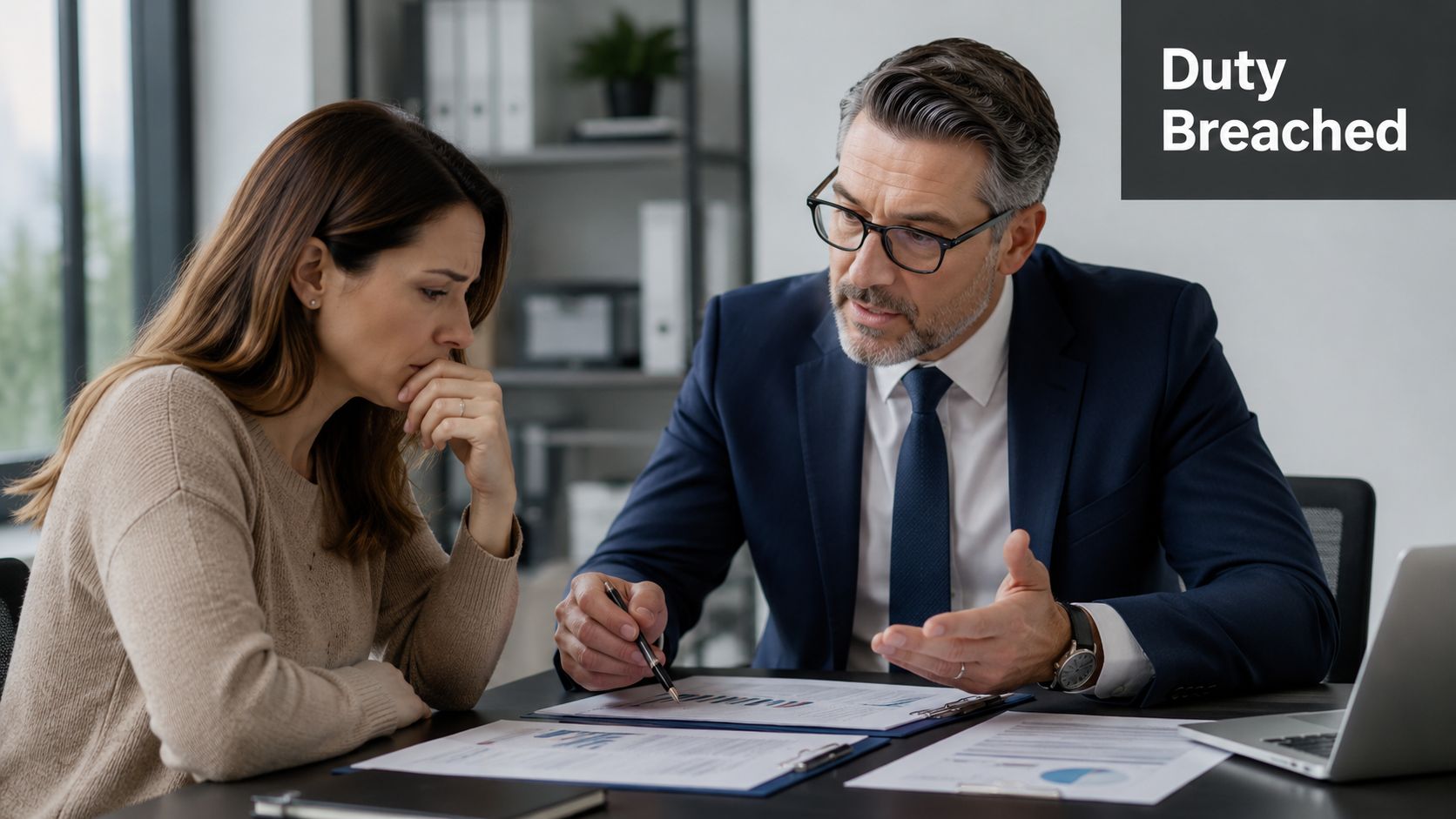 A worried woman sitting at a desk consulting with a professional financial advisor about legal documents.