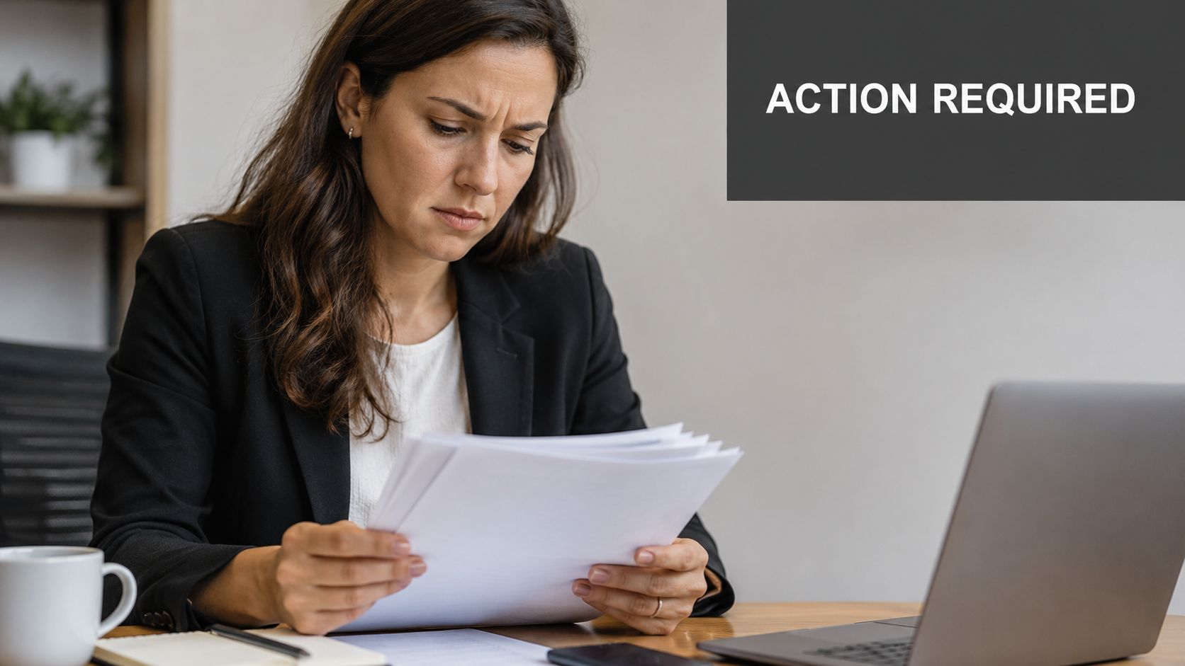 A concerned woman in professional attire reviewing important business documents while working at her laptop.