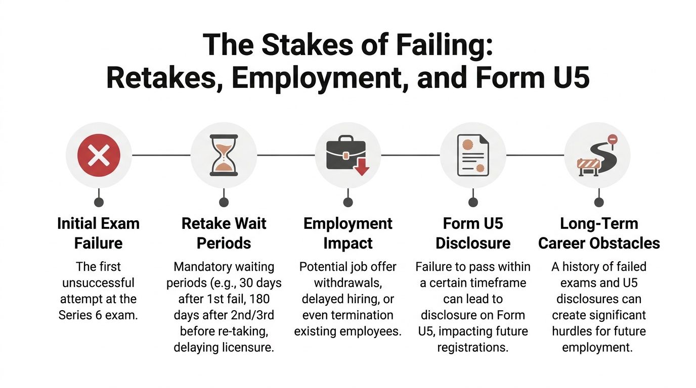 A flowchart infographic showing the negative consequences of failing the Series 6 professional finance examination.