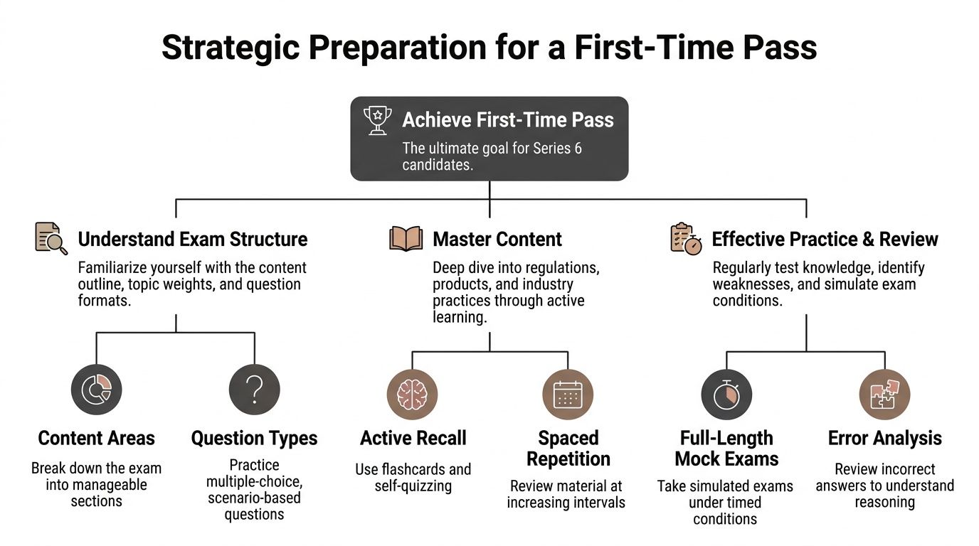 A diagram outlining a strategic plan for Series 6 exam candidates to achieve a first-time pass.