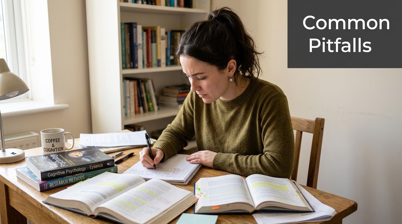 A focused female student studying with books, notes, and coffee at a desk in a library.