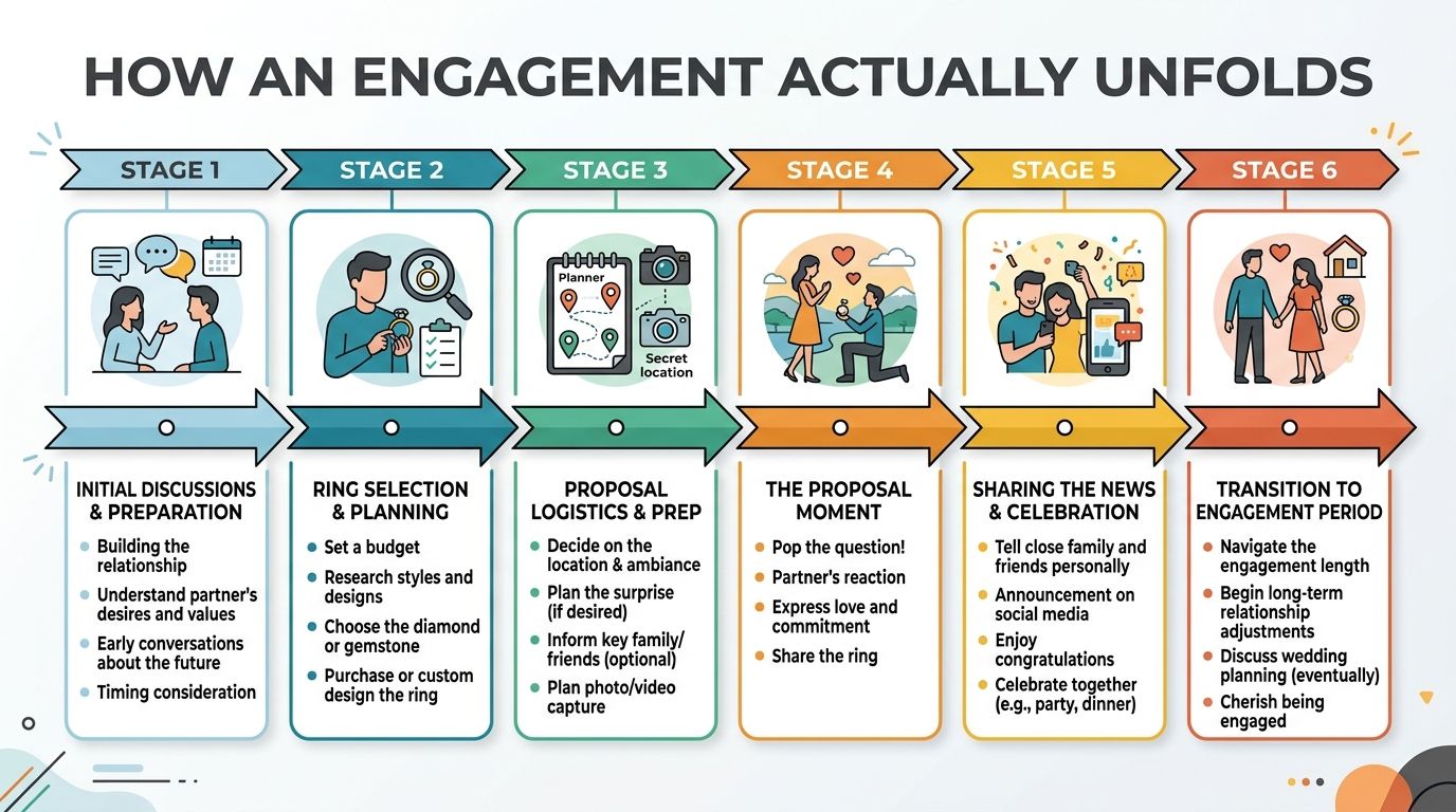 A six-stage infographic illustrating the step-by-step process of how a marriage engagement unfolds from planning to celebration.