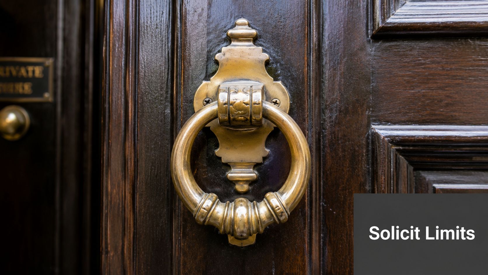 A close up view of an ornate, antique brass door knocker mounted on a dark wooden door.
