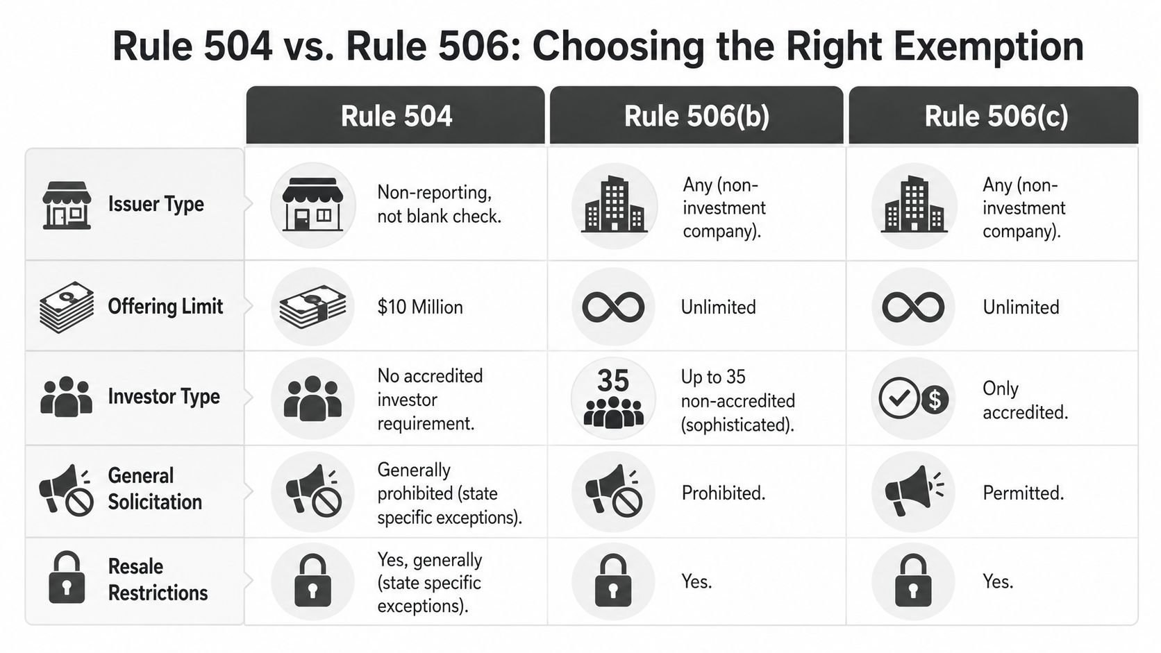 A comparison chart outlining differences between SEC Regulation D exemptions including Rule 504, 506(b), and 506(c).